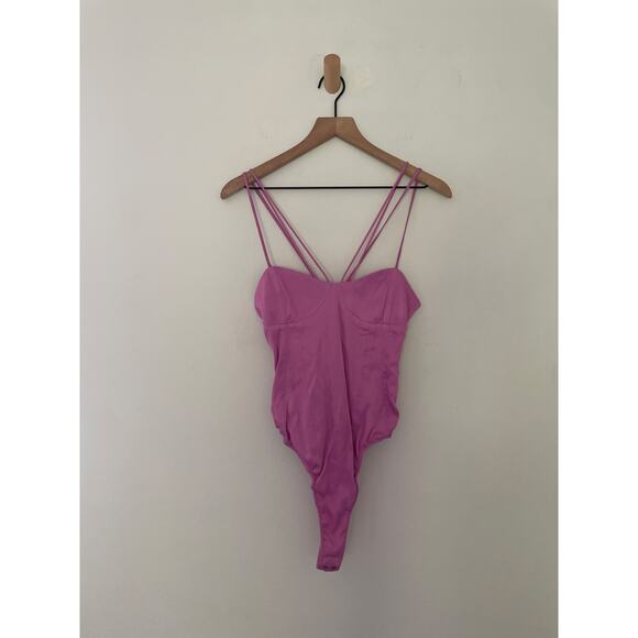 Zara Satin Corset Bodysuit Size Medium Pink Purple Silky Strappy Balletcore - Picture 4 of 11